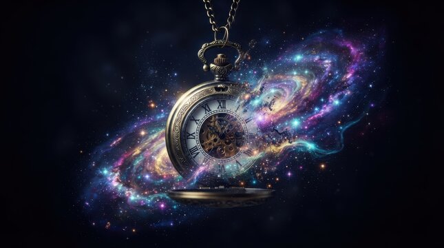 Vintage pocket watch floating in a cosmic galaxy