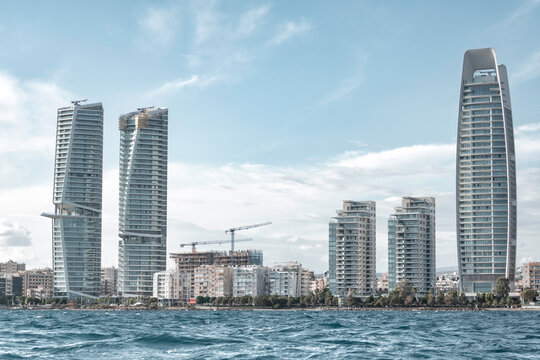 Modern skyline of Limassol rising above the Mediterranean sea. Cyprus