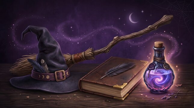 A magical halloween scene featuring a witch hat spell book and a glowing purple potion on a wooden table