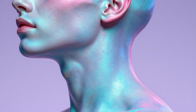 Iridescent Holographic Human Profile with Shimmering Skin Texture