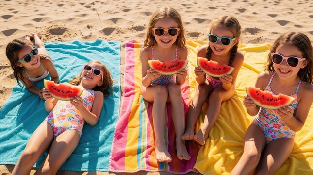 Five girls in swimsuits and sunglasses eat watermelon slices on colorful towels at sunny beach. Friends share fruity snack, enjoy summer vacation day together laughing on warm sand.