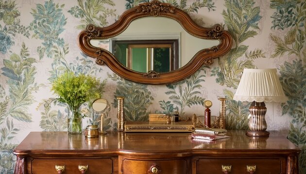 antique walnut dressing table with gilt edged mirror and vintage accessories against faded botanical wallpaper in a softly lit room