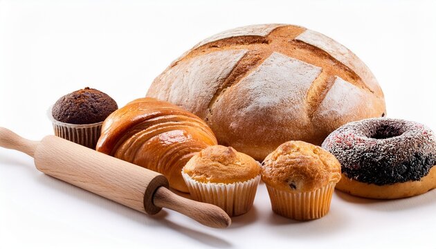 variety of baked goods bread donut cupcake and rolling pin isolated on white background