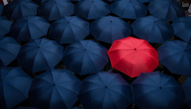 Red Umbrella Standing Out Among Many Blue Umbrellas