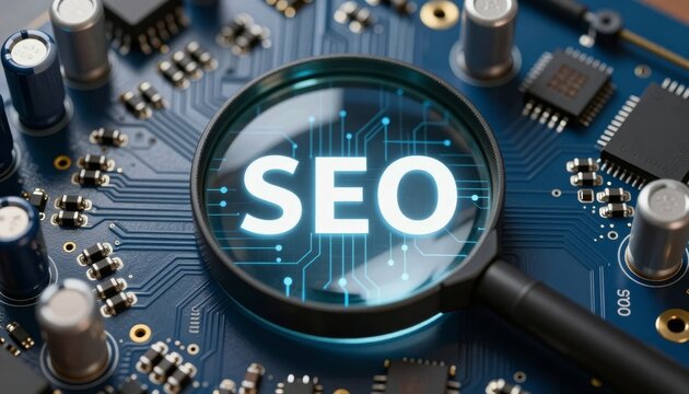 SEO Text Inside Magnifying Glass Over Computer Circuit Board