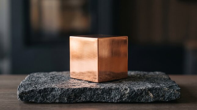 Copper cube sits centered on a rough gray stone.