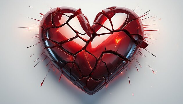 shiny red broken heart symbolizing heartbreak and emotional pain on a white background