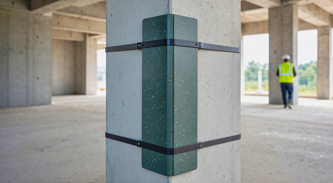 Green recycled plastic corner guard installed on concrete column at building construction site. Protective structural cladding for interior renovation, sustainable architecture