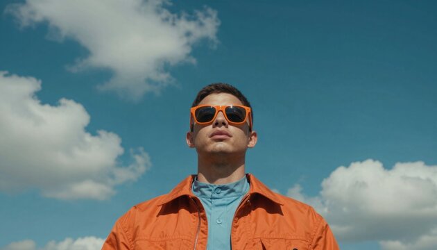 Young Man Wearing Orange Sunglasses and Jacket Against Blue Sky
