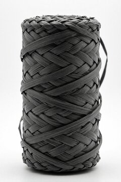 Vertical roll of black raffia plastic rope isolated on white background. Industrial material for binding, crafting. Strong textured fiber cord for packaging logistics. Synthetic twisted thread skein