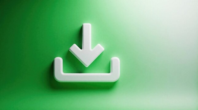 White arrow points down into box icon signifies data transfer. Simple 3D symbol against soft green gradient background represents online uploading or downloading files for web interfaces.
