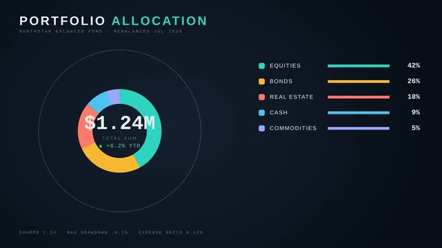 Dynamic motion of digital portfolio allocation charts showcasing financial data visualization.