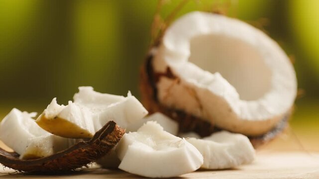 Coconut, Fresh whole and halved coconut isolated on a white background. Tropical exotic fruit with natural brown shell and white flesh. Healthy organic food, vegan ingredient, summer, close-up.