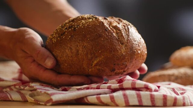 Bread loaf Spanish round bread with seeds, held in hands on checkered cloth, close-up macro shot