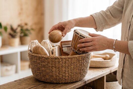 Person packing wooden maracas a kalimba and a small drum into a woven basket