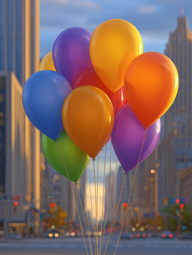 Holiday parade balloons floating over city avenue
