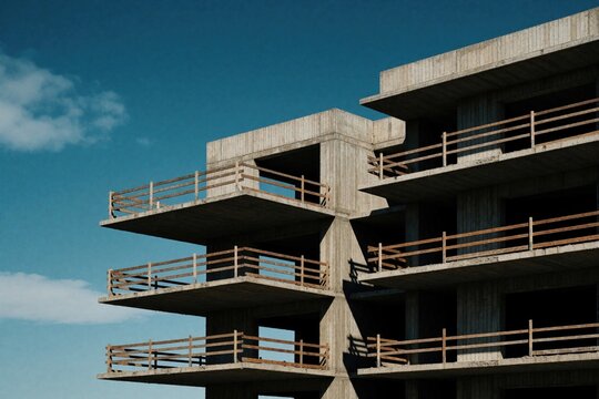 Concrete building frame under development with open balconies against blue sky. Construction site with unfinished multi storey apartment project shows industrial structure, geometric patterns. Modern