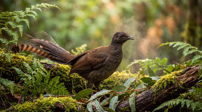 Superb Lyrebird calling in cool morning forest air while perching on a mossy log in a temperate rainforest, displaying its unique natural behavior.