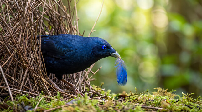 Satin Bowerbird placing a bright blue feather decoration at the entrance of its stick bower structure on mossy forest ground in the wild.