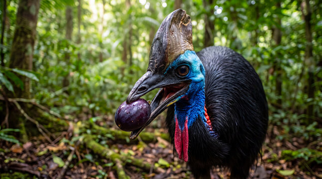 Southern Cassowary swallowing a large purple fruit in a dense tropical rainforest with a close up view of its blue head casque and wattles.
