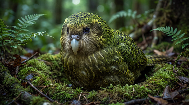 Kakapo parrot resting on a bed of green moss and ferns on a dense temperate rainforest floor., showcasing its incredible camouflage within the native island ecosystem.