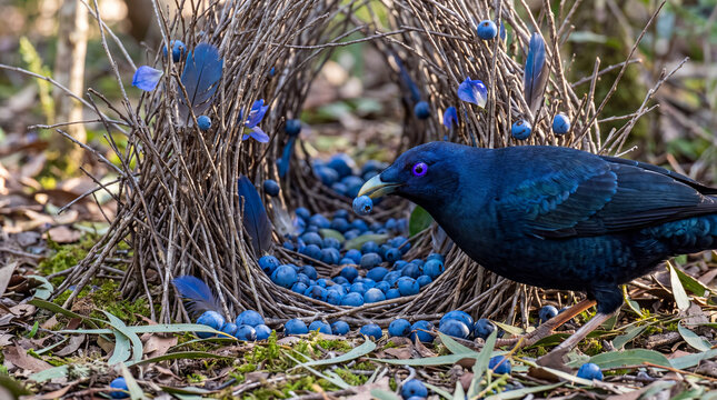 Satin Bowerbird holding a blue berry in its beak while arranging decorations at its elaborate stick bower on a forest floor.