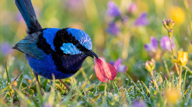 Superb Fairy-wren male holding a vibrant pink flower petal in its beak during spring courtship in a dew-kissed meadow in its natural Australian habitat.