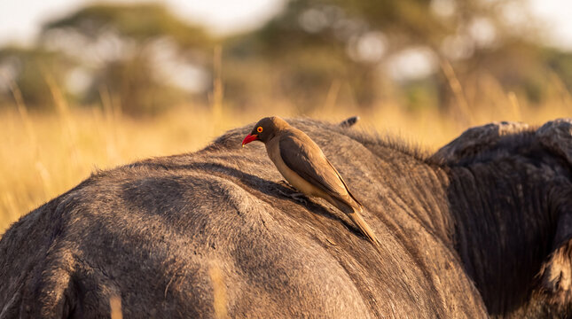Yellow-billed Oxpecker perched securely on the back of a large African buffalo in a sunlit savannah grassland during golden hour.