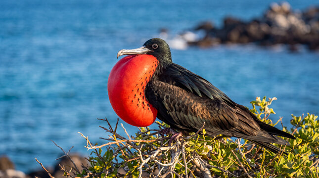 Fregata magnificens frigatebird male perched on coastal brush overlooking the blue ocean water with its red throat pouch fully inflated