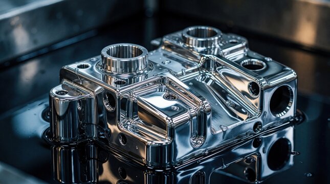 Shiny metal part rises from chemical electroplating liquid bath. Industrial steel component with mirror chrome finish drips solution in manufacturing plant. Bright reflective surface treatment