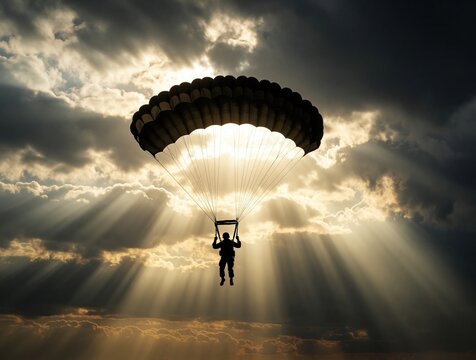 Silhouette of paratrooper descending under parachute. Sun rays break through dark clouds in dramatic sky. Soldier jumps from plane during military mission. Epic scene shows bravery, courage of