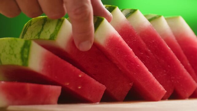Man cutting watermelon - cut piece with knife. Young watermelons Citrullus lanatus. Topic - melons and gourds, farmer cultivation of watermelons