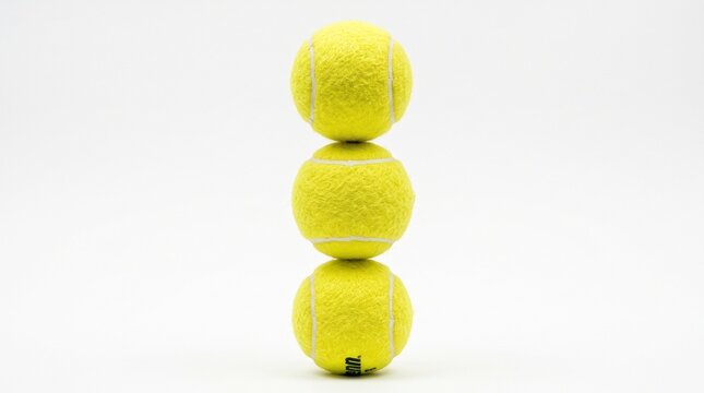Stacked yellow tennis balls isolated on white background with balls balanced vertical vertical tower against displays three yellow equipment