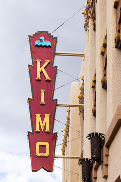 Albuquerque, New Mexico, USA, February 18, 2024 - The vintage KiMo Theatre sign at 423 Central Ave NW