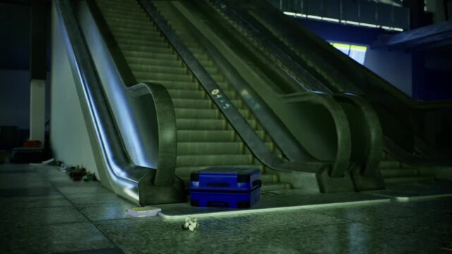 Empty airport with quiet surroundings. Silent airport with high ceilings and scattered papers. Deserted airport with blue crate and distant monitor views