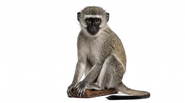 Young vervet monkey sitting on a wooden branch looking at camera with against white background log against vertebrate endangered biological with attention