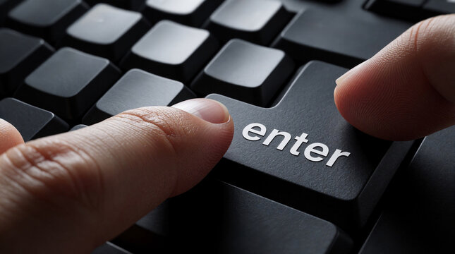 Person presses enter key on black computer keyboard. Close up detail shows finger action on digital device for inputting data or command. Focus on hand interaction.