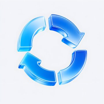 3D refresh icon with circular arrows isolated on white background, concept of sync, update, and continuous rotation. Transparent blue liquid glass icon. 3D rendering