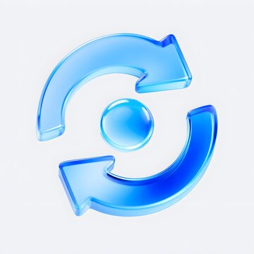 3D sync icon with rotating arrows and center dot isolated on white background, concept of refresh, update, and data synchronization. Transparent blue liquid glass icon. 3D rendering