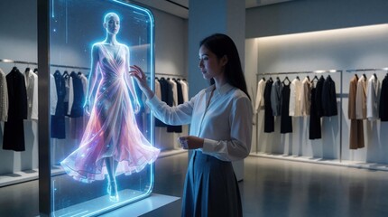 Obraz premium Woman uses holographic display to virtually try on dress in modern store. Interactive clothing technology offers futuristic shopping experience. Apparel selection uses smart interface in retail space.