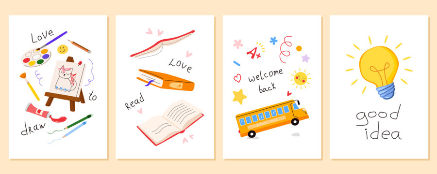 Posters with art tool, books, school bus. Colorful educational greeting card set for children, students, classroom decor. Flat vector illustrations