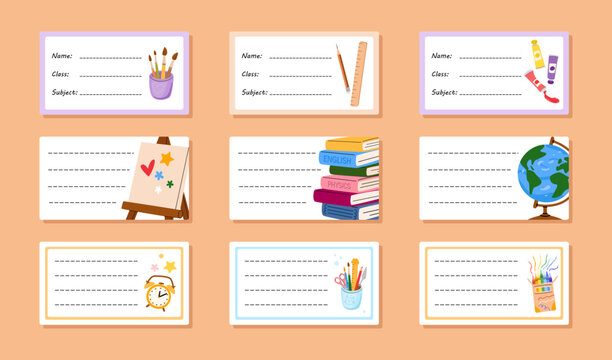 School cards set with pencils, books, globe and art supplies. Colorful educational label templates for student. 