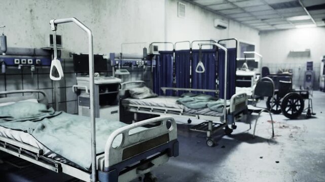 empty patient bay with unmade linens and idle bedside monitor, privacy curtain partially drawn, metal bedrail and IV pole nearby, faded paint and worn floor