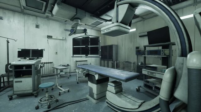 interventional imaging suite with angio equipment and carm silhouette, sterile clinical room with multiple monitors, lead shielding, procedural table