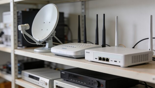 Focused medium shot of indoor shelf holding satellite communication devices routers and modems with background components gently out of focus to showcase hardware layout
