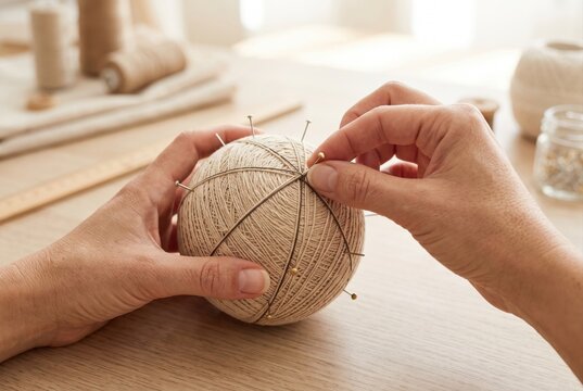 Inserting metal pins into a string wrapped sphere as a guide for temari ball embroidery