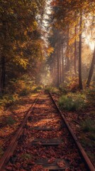 Fototapeta premium Ultra realistic professional landscape photography of an old railway track disappearing into a dense autumn forest, rusty rails, wooden sleepers