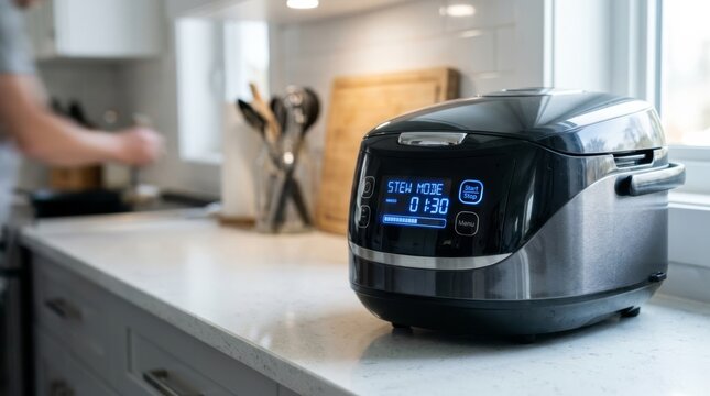 Modern multicooker with glowing blue stew mode display on a bright quartz kitchen counter, low angle shot