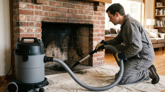 Man in gray jumpsuit vacuums soot from brick fireplace firebox with industrial wet dry vacuum