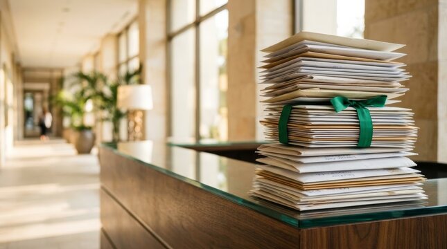 Stack of mail letters tied with green ribbon on reception desk in luxury residential complex lobby with warm light